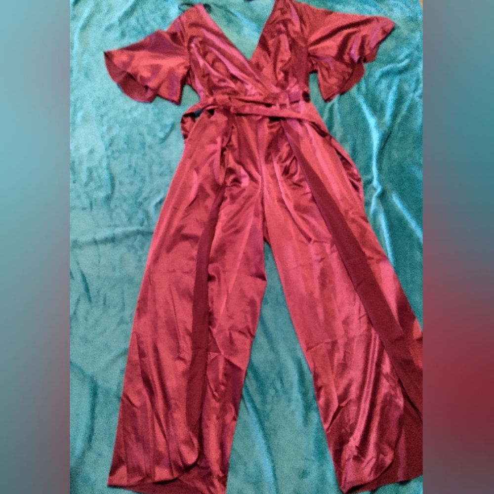 Burgundy faux satin wrap waist double thigh slit PremierAmour jumpsuit size 16